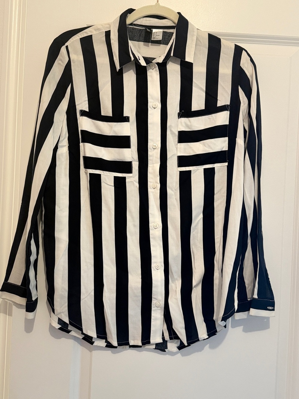 H&M Black and White Vertical Stripe Button-Up Blouse